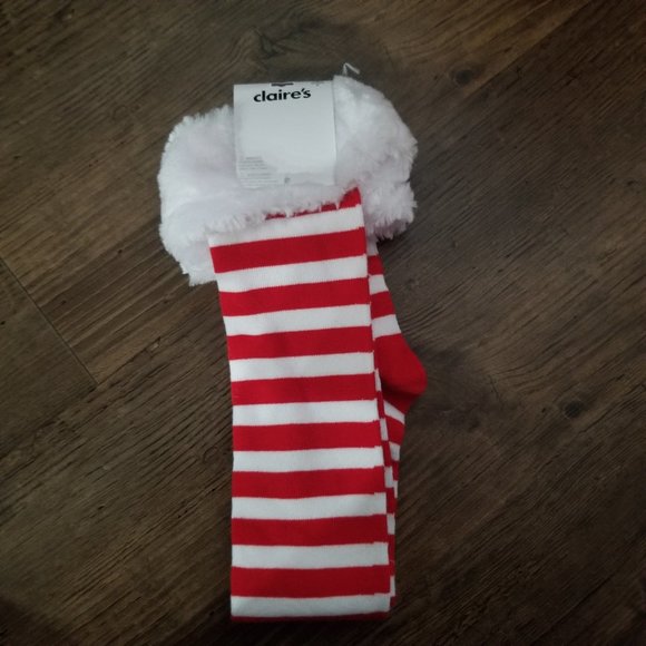 Christmas Striped Long Socks with faux fur trim - Picture 1 of 3